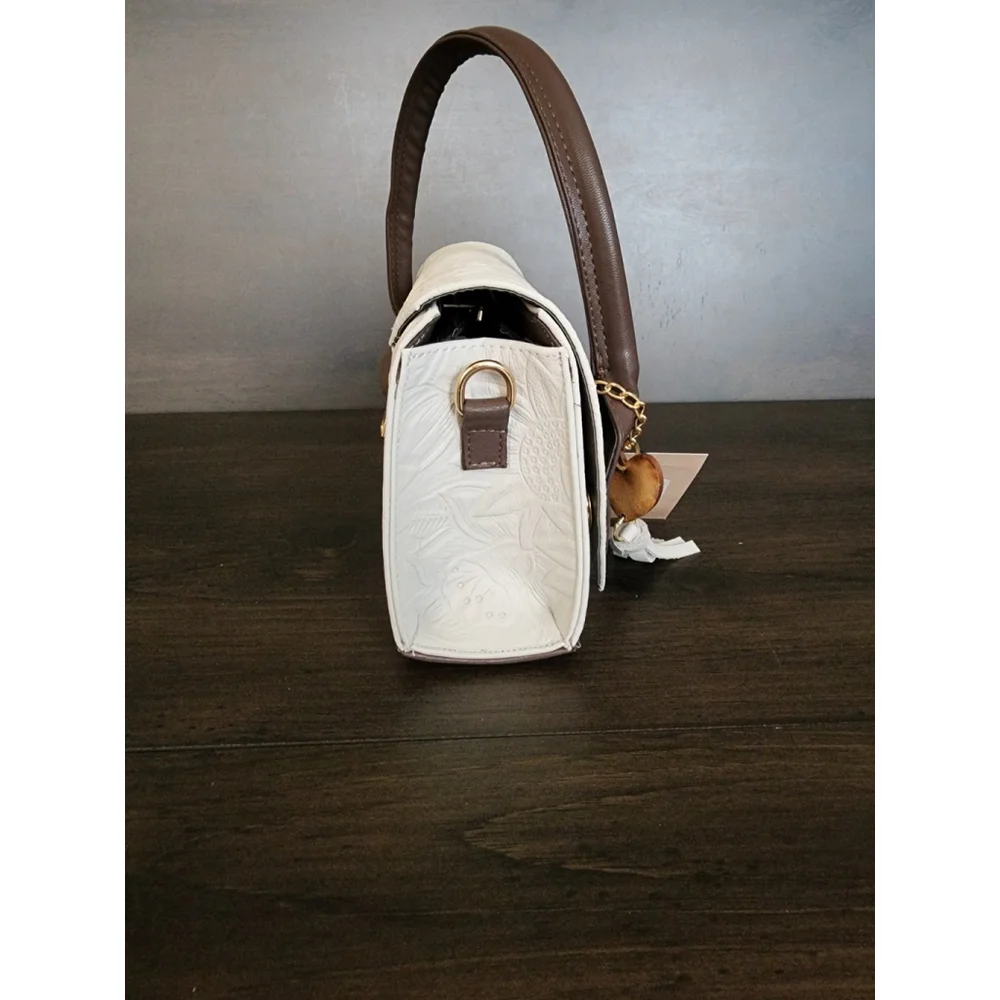 Off White Dark Brown Sunflower Embossed Tooled Artisan LEATHER Crossbody Purse